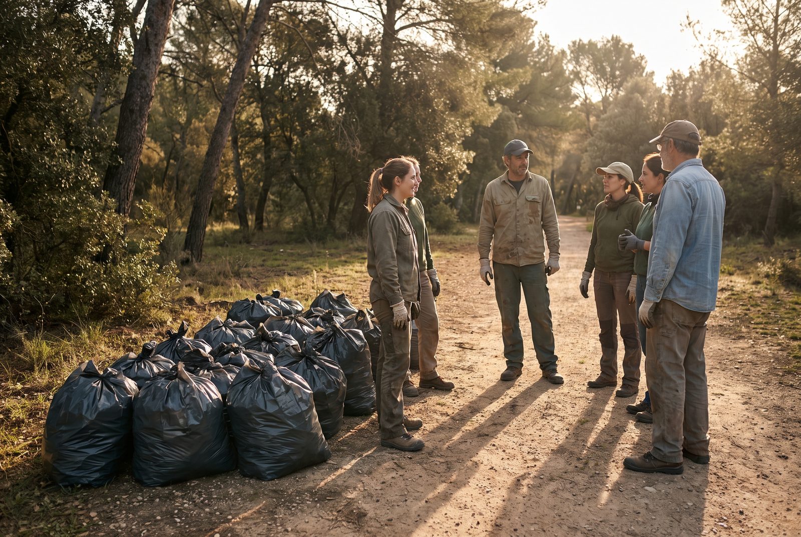 Volunteers finishing a park cleanup with filled bags