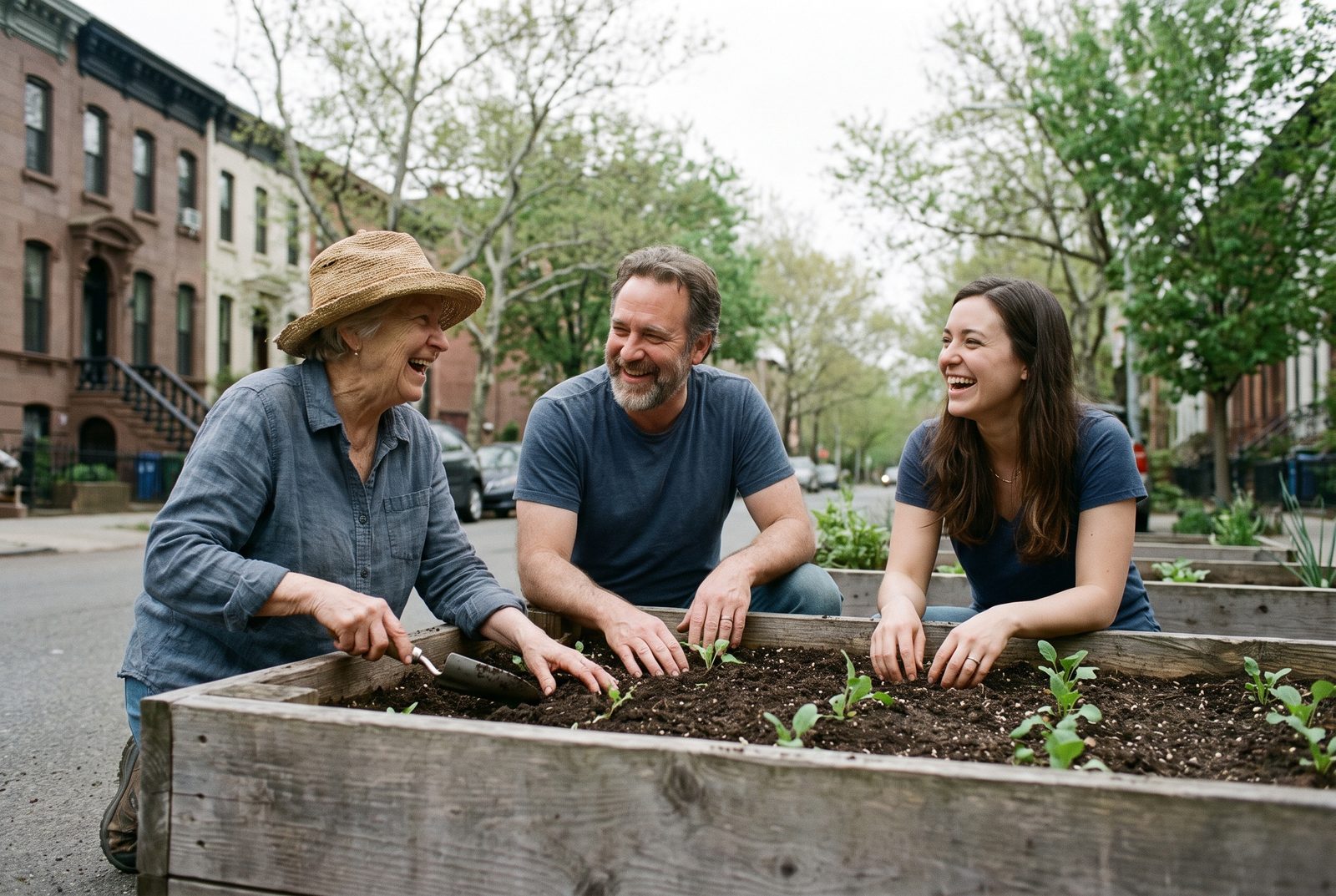 Neighbors planting seedlings in a raised community garden bed