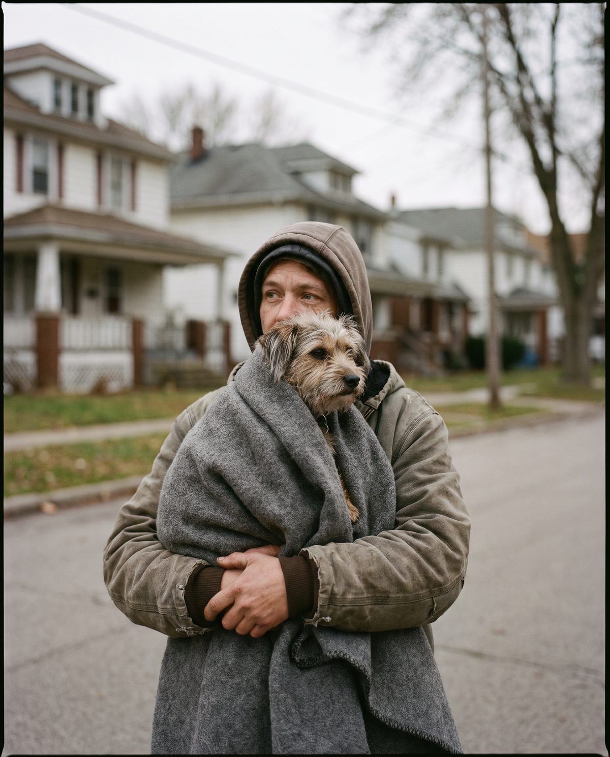 A person holding a rescued dog wrapped in a blanket